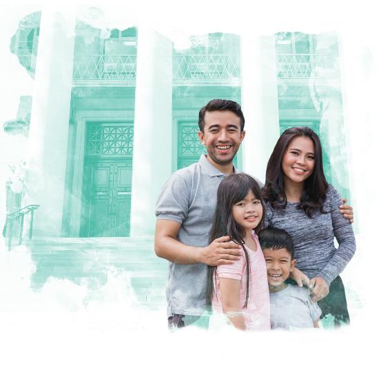 Family in front of a bank